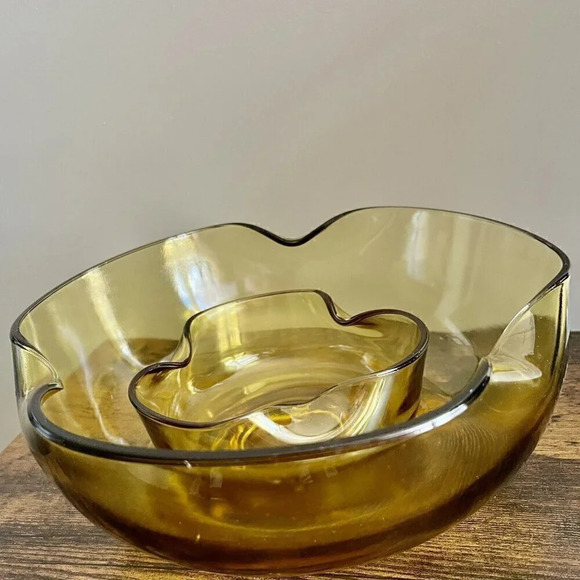 Vintage| Anchor Hocking "Accent Modern" Chip and Dip Set in Honey Gold Amber MCM - Picture 4 of 4